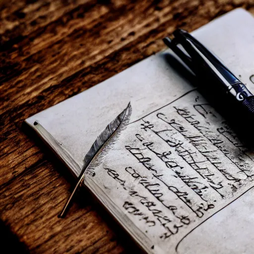 Image similar to highly detailed close up photo of an old worn notebook on wooden table, old table, feather pen, light coming out of near window, moody lighting, dim atmosphere, dust in air