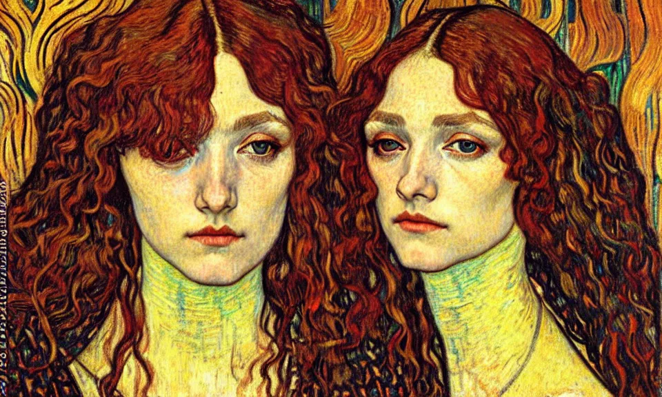 Image similar to detailed realistic beautiful young medieval queen face portrait by jean delville, gustav klimt and vincent van gogh, art nouveau, symbolist, visionary, gothic, pre - raphaelite, muted earthy colors, desaturated