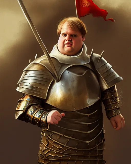 Prompt: young chris farley wearing medieval armour, staring seductively, masterpiece, artstation, smooth, hard focus, illustration, art by jessica rossier and and brian froud