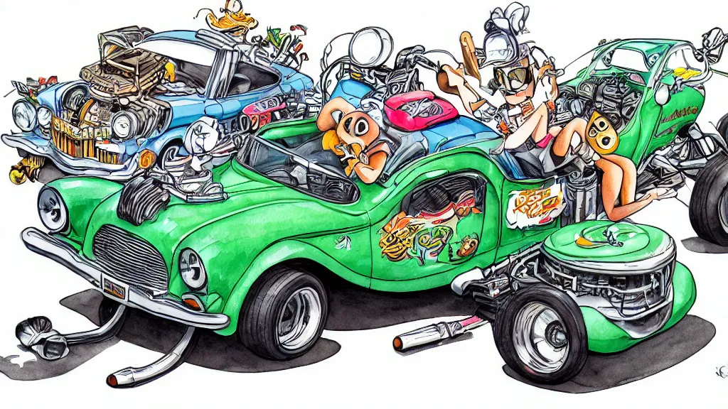 Image similar to cute and funny, racoon riding in a tiny hot rod coupe with oversized engine, ratfink style by ed roth, centered award winning watercolor pen illustration, isometric illustration by chihiro iwasaki, edited by range murata