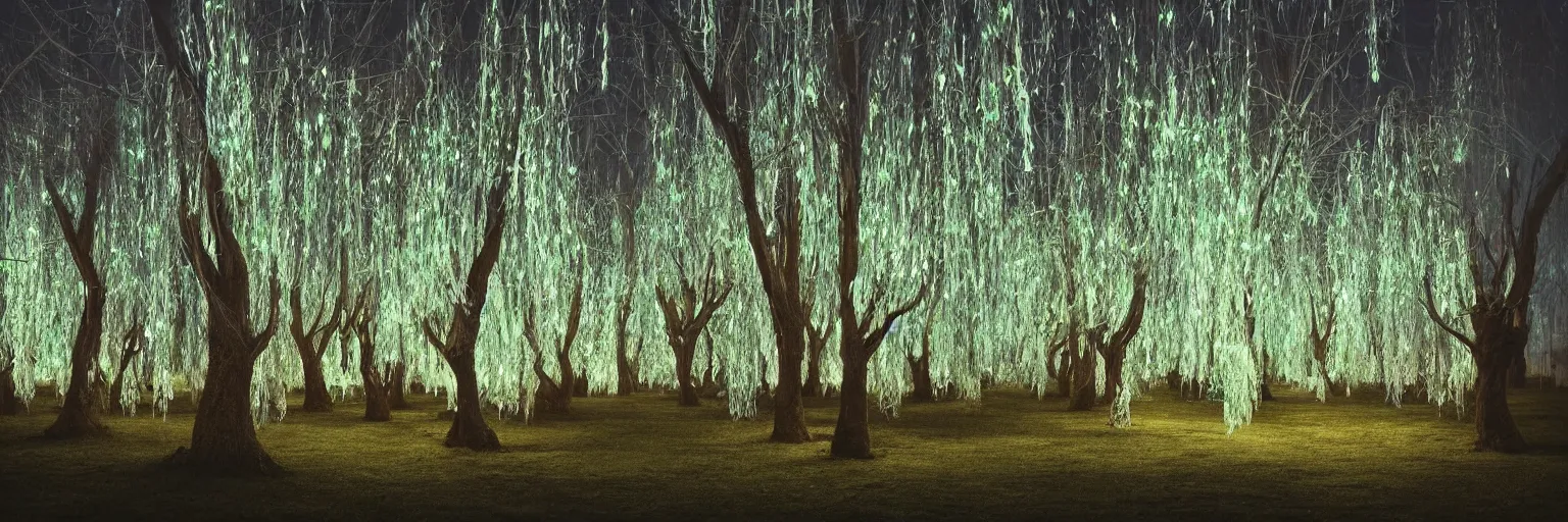 Prompt: “bioluminescent crystal willow trees, Artstation HQ, photorealistic, hiperrealistic, sharp focus, 4k UHD, Unreal Engine 5, cinematic shot, cinematic lightning, dark tones, high contrast, intricate, masterpiece”