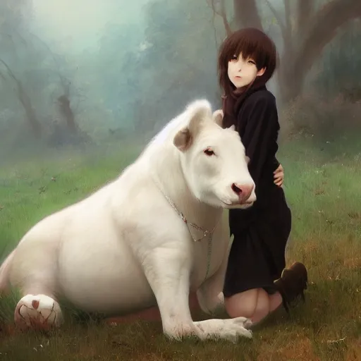 Image similar to a person hugging a large white animal, a detailed painting by krenz cushart, pixiv contest winner, fantasy art, official art, detailed painting, pixiv. highly detailed. 4 k masterpiece. photo realistic. realism. photorealism wideshot