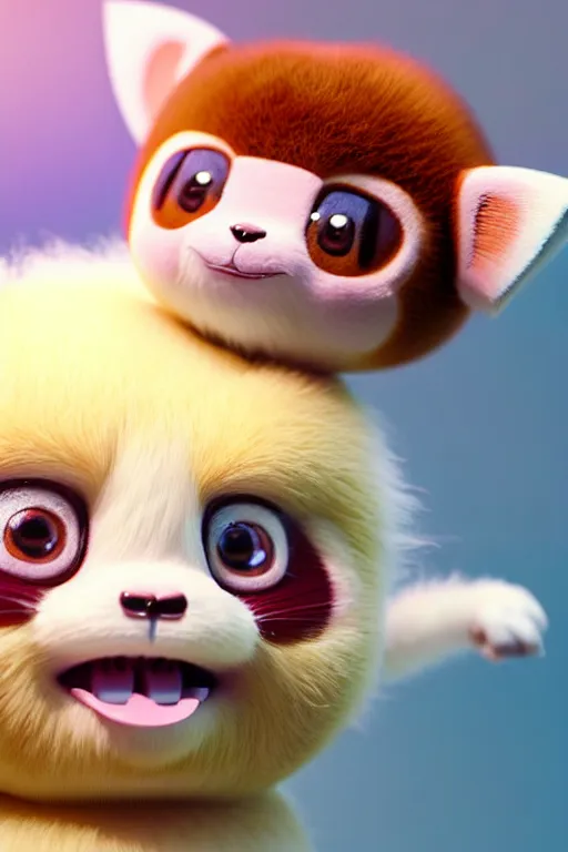 Image similar to high quality 3 d render hyperrealist very cute pastel fluffy! red panda & tarsier hybrid suspicious eating giant ice cream, vray smooth, in the style of detective pikachu, hannah yata, very dramatic light, low angle, uhd 8 k, shallow depth or field