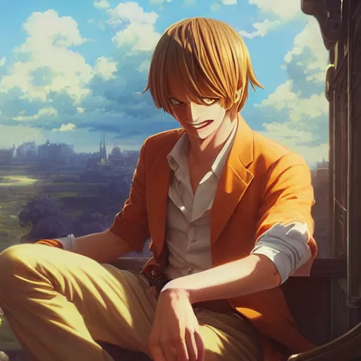 Image similar to highly detailed vfx portrait of bored sanji by eiichiro oda, stephen bliss, greg rutkowski, rhads, makoto shinkai, tom bagshaw, alphonse mucha, sharp focus, art by artgerm, greg rutkowski, stanley kubrick, backlit, harsh overhead sunlight, matte, johannes vermeer,