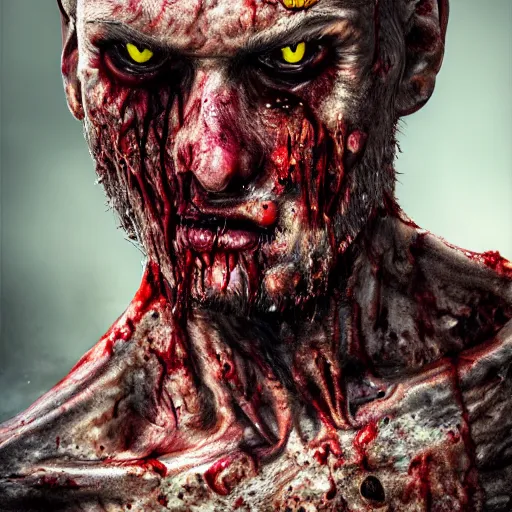 Prompt: mutant zombie, face partially rotting, portrait, extreme gory detail, ultra-realistic photorealistic UHD