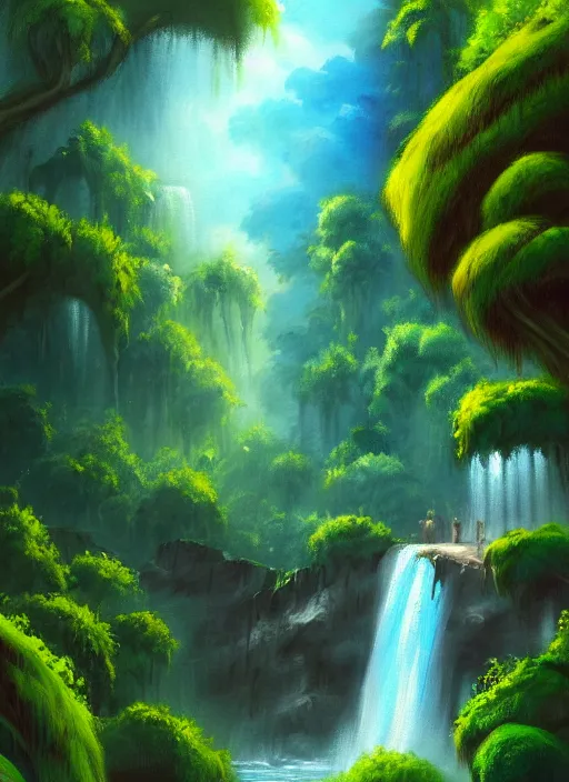 Image similar to a painting of a waterfall in the jungle, a detailed matte painting by bob ross, deviantart, fantasy art, matte painting, detailed painting, 2 d game art