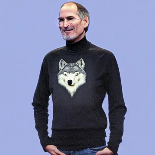 Prompt: Steve Jobs as an anthropomorphic wolf, wearing a black turtleneck and blue jeans, standing on a deep blue presentation stage, digital art