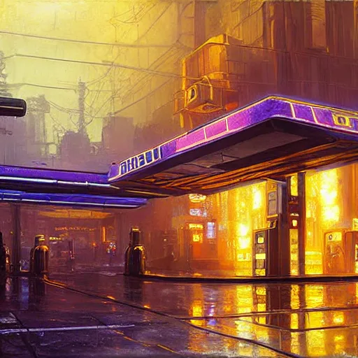 Prompt: scene from bladerunner 2 0 4 9 movie, painting of syd mead artlilery scifi organic shaped gas station with ornate metal work lands on a sidewalk, floral ornaments, greek architecture, volumetric lights, purple sun, andreas achenbach