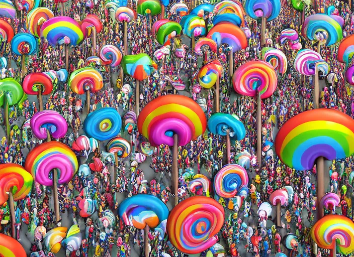 Image similar to where's waldo, lollipops and rainbows, lowbrow, matte painting, 3 - d highly detailed, in the style of camille rose garcia