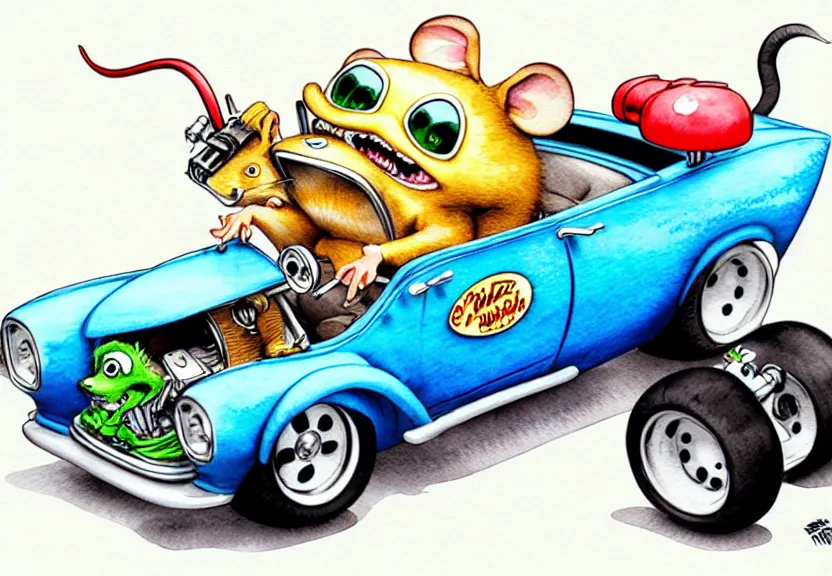 Prompt: cute and funny, rodent riding in a tiny hot rod coupe with oversized engine, ratfink style by ed roth, centered award winning watercolor pen illustration, isometric illustration by chihiro iwasaki, edited by range murata