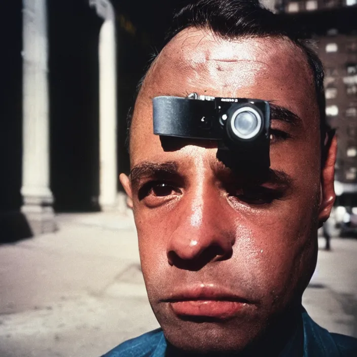 Prompt: medium format film profile portrait of a man in new york by street photographer from the 1 9 6 0 s, hasselblad film man portrait featured on unsplash, beautiful light damaged colour film,