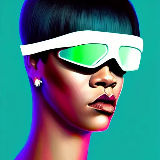 Image similar to Rihanna wearing opaque reflective goggles profile picture by Greg Rutkowski, green Bob wig, asymmetrical, futuristic, volumetric lights, streetwear, studio ghibli, Organic Painting , Matte Painting, geometric shapes, hard edges, trending on the artstation, fantasy LUT, realistic by Sachin Teng + Martin Grip + Moebius + Patrick Gleason, smooth, sharp focus, illustration, art by John Collier and Albert Aublet and Krenz Cushart and Artem Demura and Alphonse Mucha, techwear, Industrial Scifi, detailed illustration, character portrait,