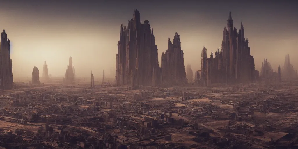 Image similar to tower!!!!!!!!, towers!!!!!!!!, babel, babylon, derelict, tall, ancient, atmospheric, beautiful, concept art, desert, civilisation, artstation, hazy, matte painting, highly detailed, volumetric lighting, rays, moody, golden hour, dawn, octane render, digital art, global illumination, city, burning