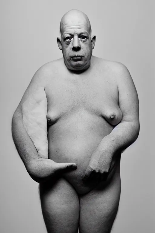 Prompt: studio portrait of man that looks excactly like homer simpson, lookalike, as if homer simpson came to life, soft light, black background, fine skin details, close shot, award winning photo by diane arbus