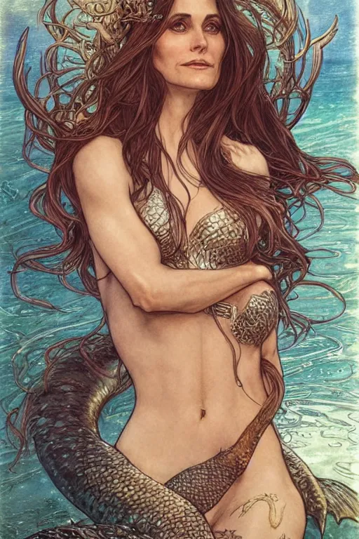 Image similar to mermaid who looks like courteney cox, detailed full body portrait by james gurney and artgerm and Mucha, amazing detail, intricate, stunning inking lines, 4K, character design, concept art