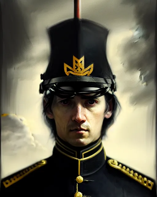 Prompt: realistic portrait of a young handsome war general in his black uniform, long hair, greg rutkowski, seb mckinnon, matte painting, delicate, facing the camera, mysterious, hyper realism, 1 4 5 0, ink, ultra realistic, 8 k