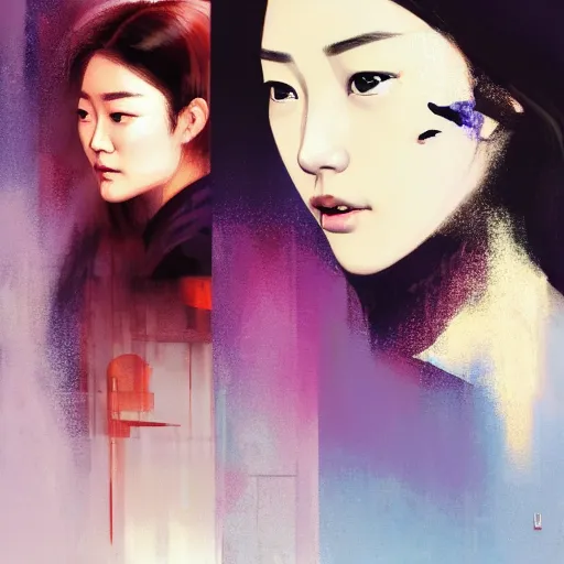 Image similar to half - electric jun ji hyun with cute - fine - face, pretty face, oil slick hair, perfect face, extremely fine details, volumetric lighting, dynamic background, poster by ilya kuvshinov katsuhiro otomo, magali villeneuve, artgerm, jeremy lipkin and michael garmash and rob rey, and silvain sarrailh