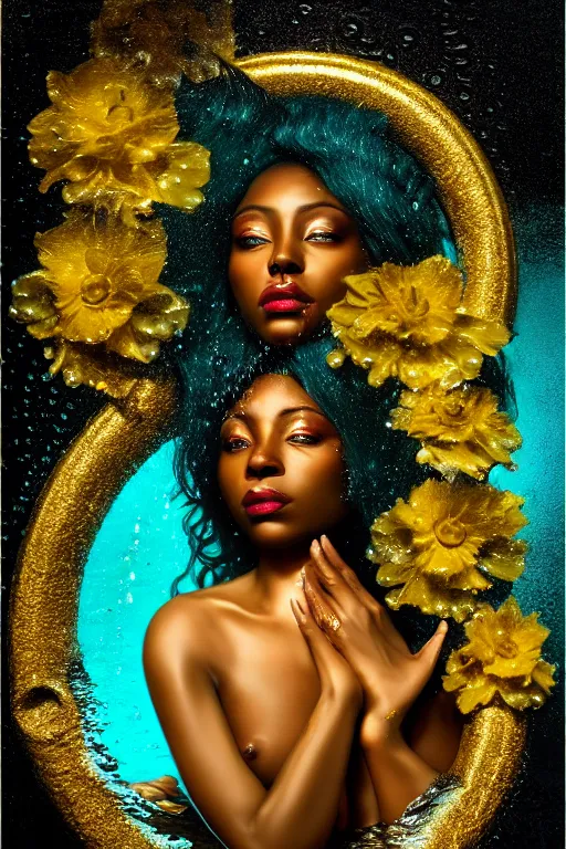 Image similar to hyperrealistic post rococo cinematic very expressive! black oshun goddess, in water up to her shoulders, mirror dripping droplet!, gold flowers, highly detailed face, digital art masterpiece, smooth eric zener cam de leon dramatic pearlescent volumetric teal light, wide shot, high angle uhd 8 k, sharp focus