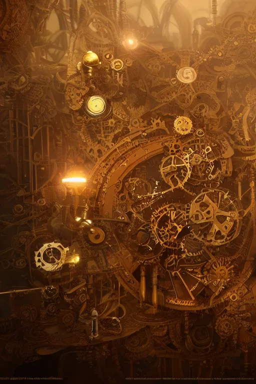 Image similar to steampunk clockwork maze of ivory and gold, volumetric lighting, ray tracing, smoke, octane render, bokeh, artstation