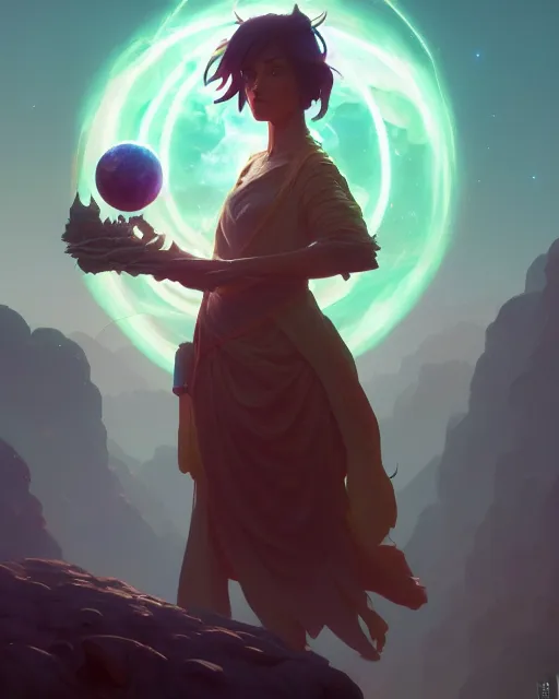 Image similar to highly detailed vfx portrait of a mage casting a earth spell, unreal engine, greg rutkowski, loish, rhads, beeple, makoto shinkai and lois van baarle, ilya kuvshinov, rossdraws, tom bagshaw, alphonse mucha, global illumination, detailed and intricate environment