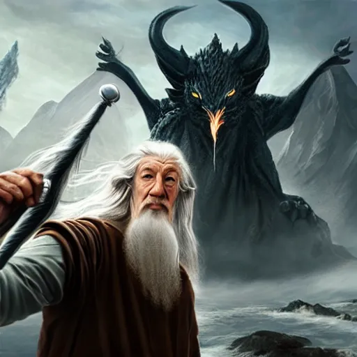 Image similar to Gandalf the Grey on the Bridge of Khazad Dum, a balrog looming in the background, Selfie
