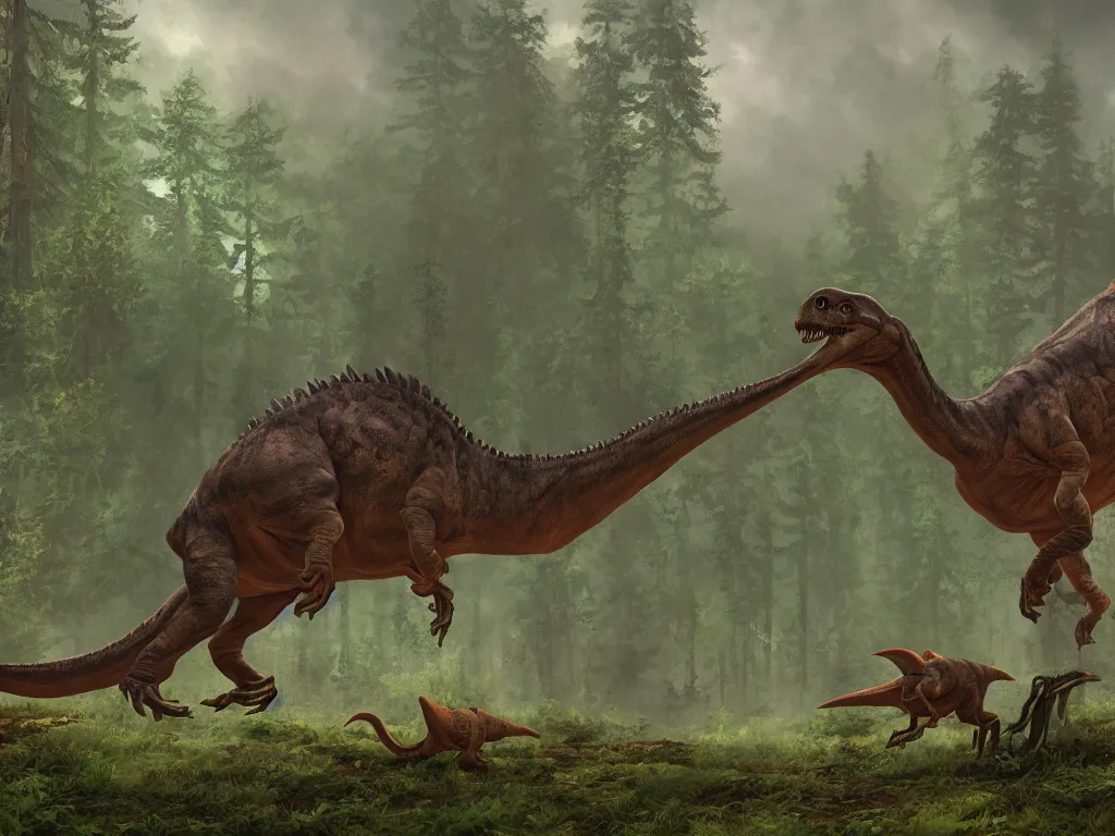 Image similar to dinosaur, forest on background, by rj palmer, trending on artstation