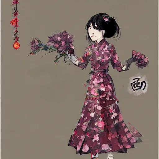 Image similar to concept art for a middle - aged chinese teacher with permed hear and a floral dress, by dustin nguyen, akihiko yoshida, greg tocchini, trending on artstation, 8 k