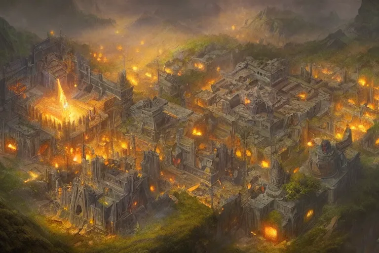 Prompt: an intricate matte painting of top down rpg battle map, iridescent light bouncing off magical dice laying on top of it by Christophe Vacher and Bastien Lecouffe-Deharme, trending on artstation