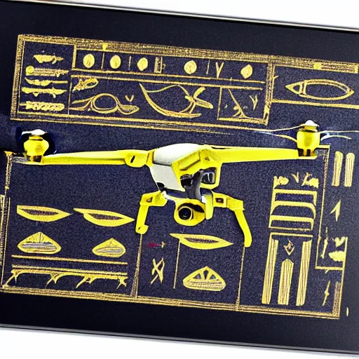 Image similar to Egyptian hieroglyphic schematic of a DJI Mavic Mini 2 drone, on papyrus