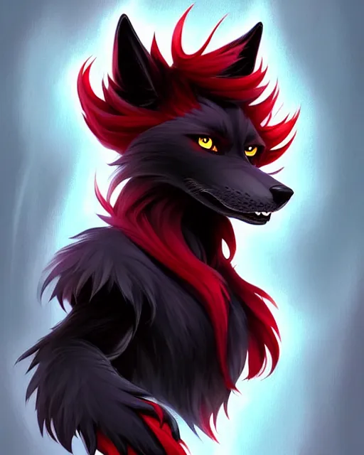 Image similar to character concept art of a black anthropomorphic male furry wolf long red hair | | cute - fine - face, pretty face, key visual, realistic shaded perfect face, fine details by stanley artgerm lau, wlop, rossdraws, james jean, andrei riabovitchev, marc simonetti, and sakimichan, trending on artstation