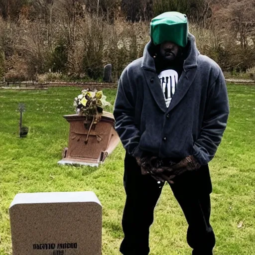 Prompt: MF DOOM standing in a graveyard with a dug up coffin