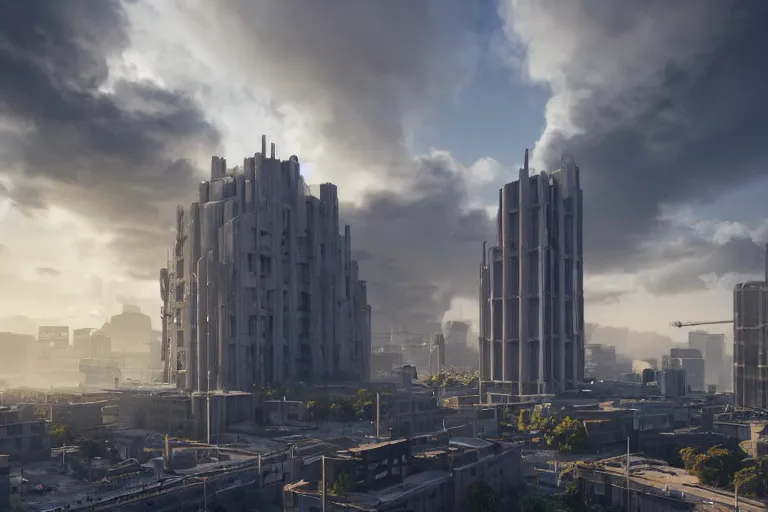 Image similar to streetscape, a towering cathedral of brutalist architecture, buildings covered with greebles, stunning volumetric light, sunset, metal, concrete and translucent material, stunning skies, majestic landscape, trending on Artstation, 8k, photorealistic, hyper detailed, unreal engine 5, IMAX quality, cinematic, epic lighting, in the style of Greg Rutkowski