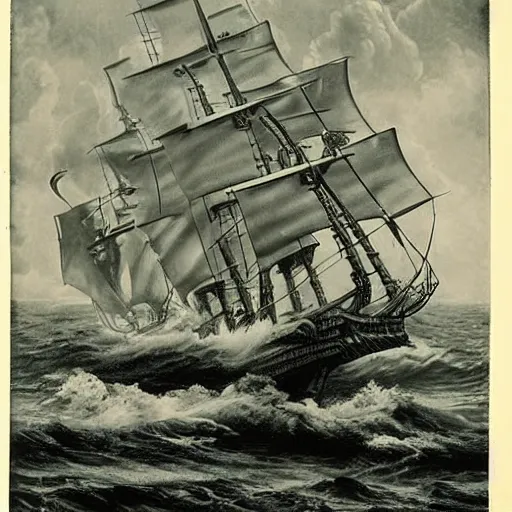 Image similar to an impossibly huge pirate ship, being attacked by a kraken, giant tentacles. 1800s photograph