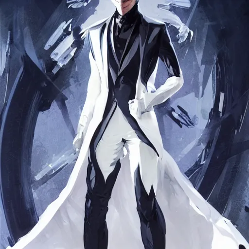 Image similar to full body portrait of a character in sleek clothes, in a futuristic flowing white tailcoat, wearing a white insectoid mask with many lenses for eyes, many eyes, dramatic lighting, illustration by Greg rutkowski, yoji shinkawa, 4k, digital art, concept art, trending on artstation