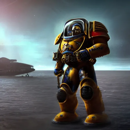 Image similar to a space marine standing on a ship in the oceans of an unknown alien world, award winning, trending on artstation, unreal engine