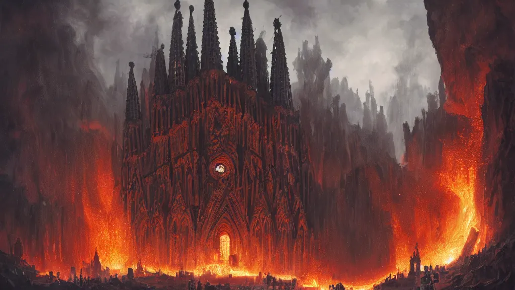 Prompt: an obsidian Sagrada Família cathedral with a giant obsidian door and a path leading to it with a horse-drawn carriage on it, in the elemental plane of fire, with rivers of lava surrounding it, Dungeon and Dragon illustration, painted by Greg Rutkowski, 4k, trending on ArtStation