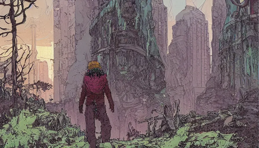 Image similar to ligne claire art of a druid in postapocalyptic city intertwined with nature in the open space, street - level view, by moebius, bright colors, eisner award - winning spread