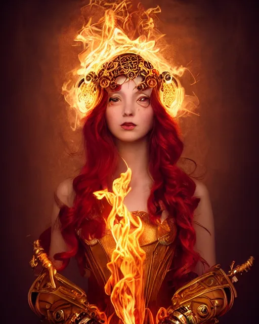 Prompt: a beautiful image of a young woman, steampunk Chandra queen of fire, big googles over her head, long flowing hair glowing with fire, steampunk costume mostly red and gold young female face, cinematic top lighting, insanely detailed and intricate, face by wlop, Charlie Bowater, golden ratio, symmetric, elegant, ornate, luxury, elite, matte painting, cinematic, trending on artstation, deviantart and cgsociety, 8k, high resolution