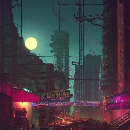 Prompt: A cityscape at night, with a full moon, neon lights, cyber punk setting, steam punk machinery, top-rated, award winning, cityscape, science fiction, futuristic, shadows, technical, highly detailed, digitally painted, illustration, by Simon Stålenhag and Greg Rutkowski