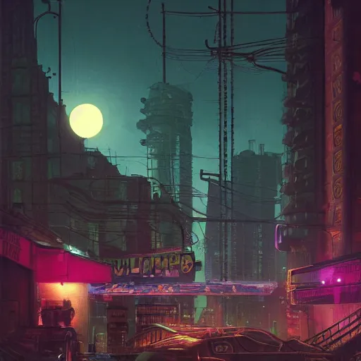 Image similar to A cityscape at night, with a full moon, neon lights, cyber punk setting, steam punk machinery, top-rated, award winning, cityscape, science fiction, futuristic, shadows, technical, highly detailed, digitally painted, illustration, by Simon Stålenhag and Greg Rutkowski