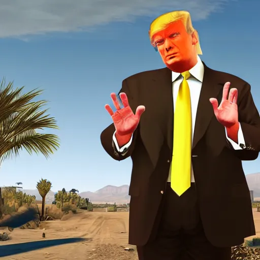 Image similar to Grand Theft Auto V loading screen: Donald Trump wearing a dress in the desert, very detailed, very intricate, elegant,