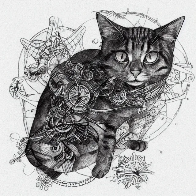 Image similar to tattoo sketch of a cat hugging the sun, on a canva, steampunk style, ornamental, line art, minimalism, industrial sci - fi, by mandy jurgens, ernst haeckel, james jean