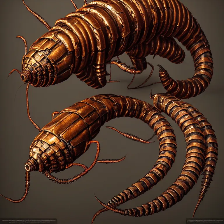 Prompt: steampunk scolopendra, 3 d model, unreal engine realistic render, 8 k, micro detail, intricate, elegant, highly detailed, centered, digital painting, artstation, smooth, sharp focus, illustration, artgerm, tomasz alen kopera, wlop