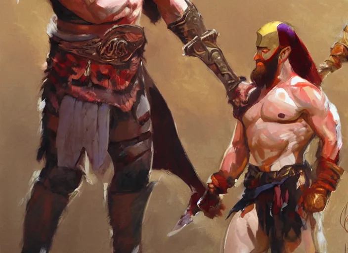 Image similar to a highly detailed beautiful portrait of conan o'brien as kratos, by gregory manchess, james gurney, james jean