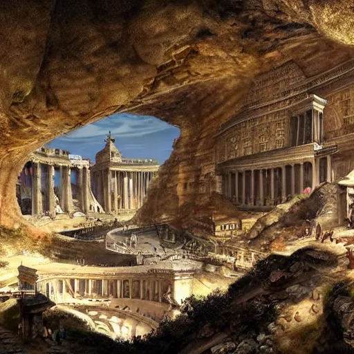 Image similar to the city of Rome but underground in an impossibly large cave,fantasy art,realistic,high quality,detailed