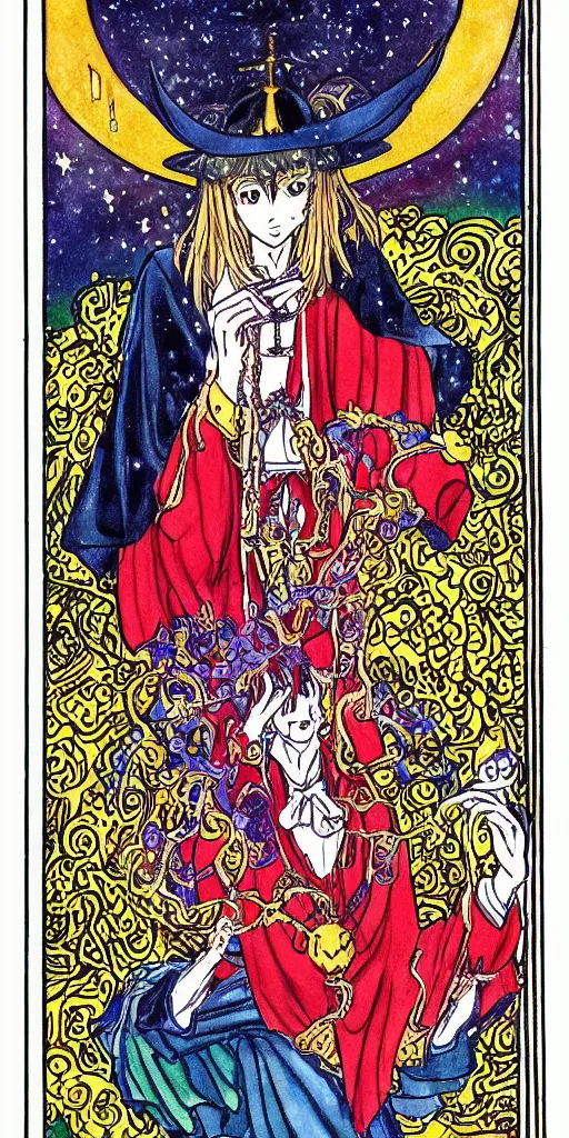 Image similar to a mystical man with a goblet on the table, wizard hat, drawn by Naoko Takeuchi, impressive line work, tarot card. tarot card the magician, psychedelic, intricate, detailed, full color