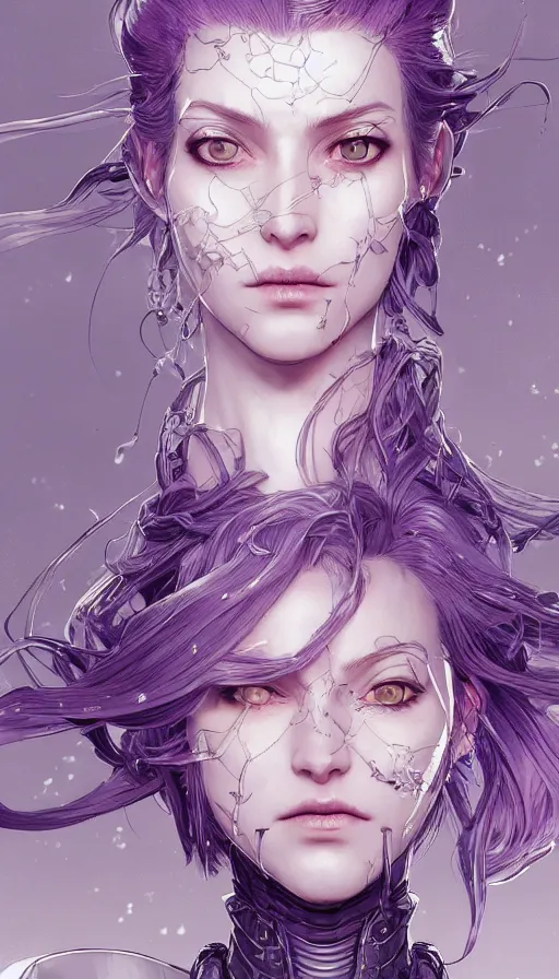 Image similar to close facial portrait of a pale woman in power armor with flowing purple hair, elegant, stoic, intense, ultrafine hyperdetailed illustration by kim jung gi, irakli nadar, intricate linework, sharp focus, bright colors, octopath traveler, final fantasy, hearthstone, highly rendered, global illumination, radiant light, detailed, intricate environment