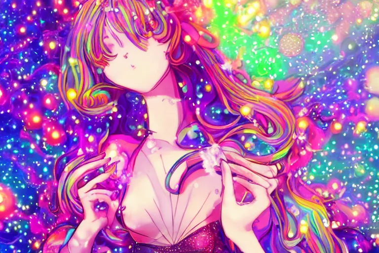 Image similar to psychedelic, full body, whimsical, anime, 4k, beautiful intimate woman blowing smoke, with professional makeup, long trippy hair, a crystal and flower dress, sitting in a reflective pool, surrounded by gems, underneath the stars, rainbow fireflies, trending on patreon, deviantart, twitter, artstation, volumetric lighting, heavy contrast, art style of Ross Tran and Viktoria Gavrilenko and Ilya Kuvshinov