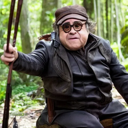 Prompt: movie still of Danny Devito as Katniss Everdeen in The Hunger Games