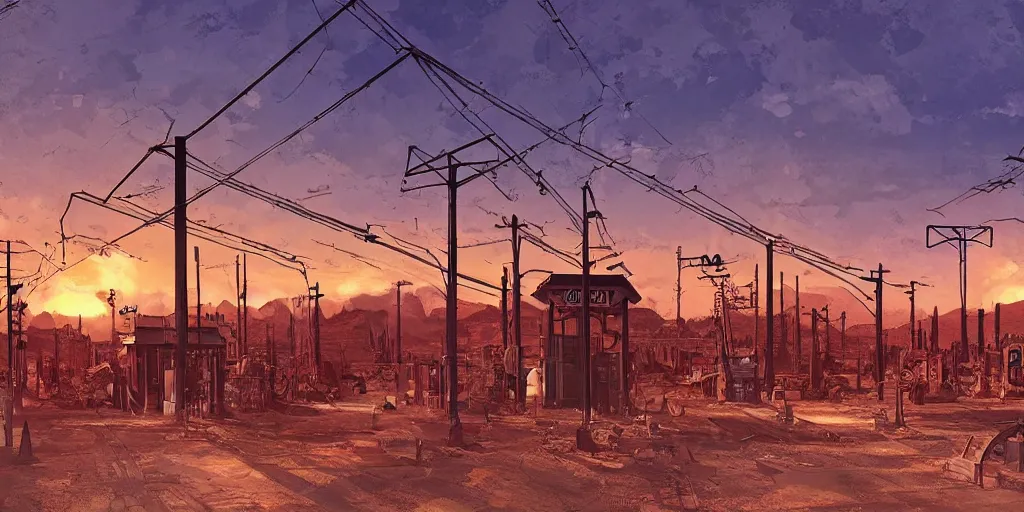 Prompt: train station roadside old west saloon cyber punk post apocalyptic telephone poles cactus graveyard sunset sky clouds illustration by syd mead artstation 4 k 8 k graphic novel concept art matte painting